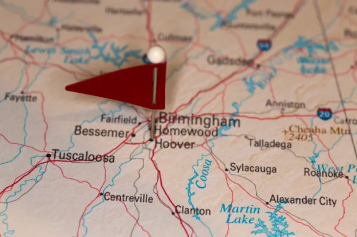a map with a pin on Hoover, Alabama