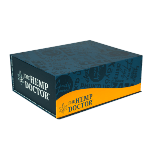 THE HEMP DOCTOR THCA PRE-ROLL SUBSCRIPTION BOX PACKAGING, BLUE/GREEN BOX WITH ORANGE 'WAVE' AND THE HEMP DOCTOR BRAND NAMES PRINT