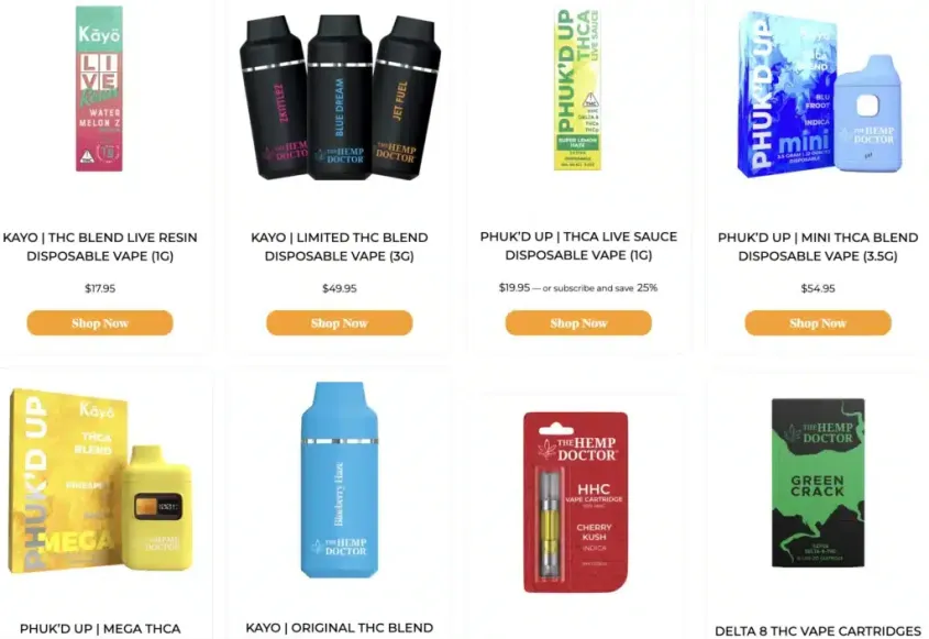 Various THC vape products displayed online.