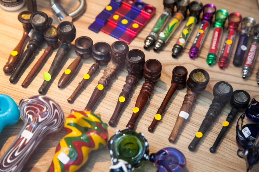Various colorful smoking hash pipes displayed.