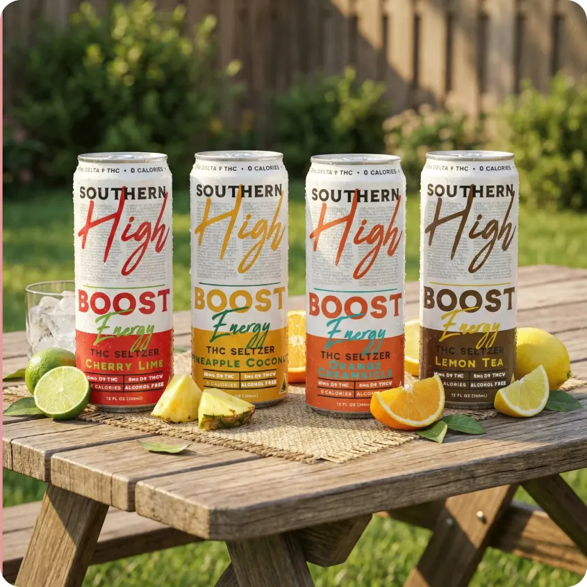 Four colorful energy seltzer cans