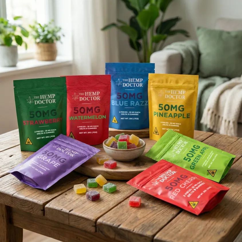 Colorful gummy candy packages on table