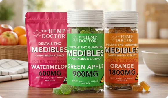 The Hemp Doctor Delta 8 THC Medibles gummies in Watermelon, Green Apple and Orange