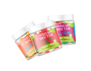 Delta-8 gummy jars: Cosmic Rings, Peach Rings, Watermelon Rings