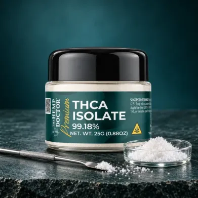Container of THCA isolate on surface