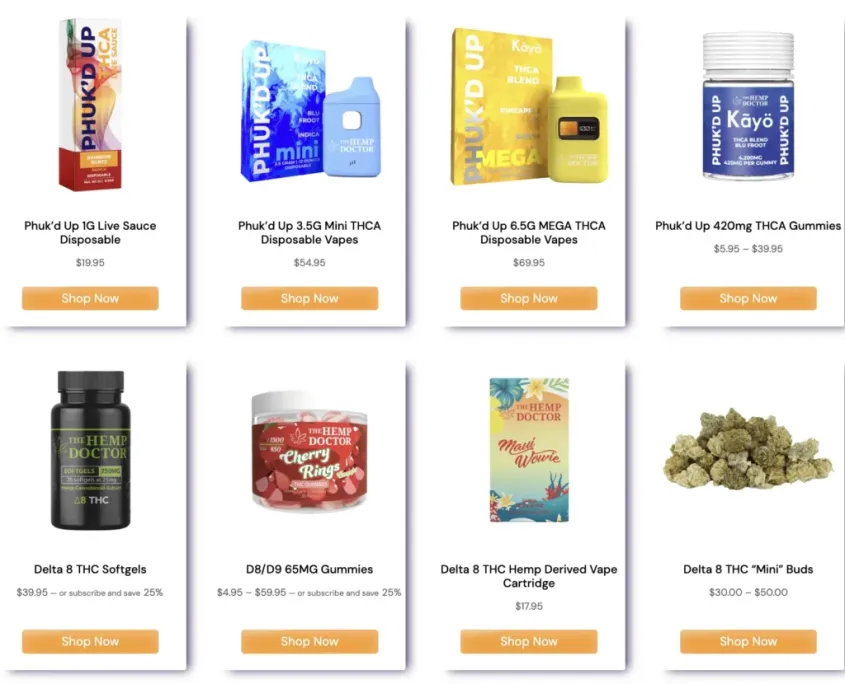 a screenshot of an online store with hemp-derived products in digital display.