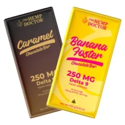 Two hemp-derived delta 9 thc chocolate bars packaging