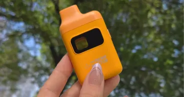 Hand holding an orange disposable vape outdoors with trees in the background