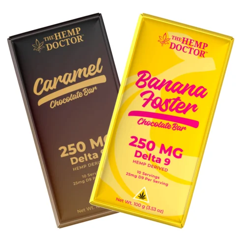 Two hemp-derived delta 9 thc chocolate bars packaging
