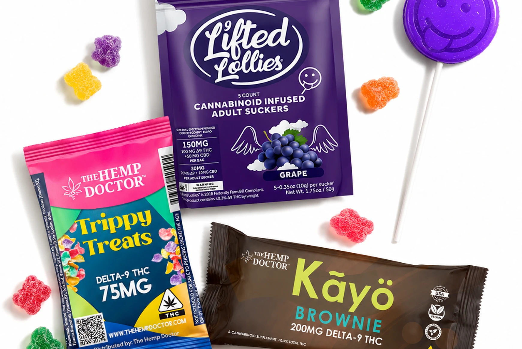 Cannabinoid-infused edibles including lollipops, brownies, and gummies