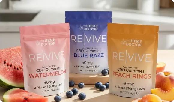 RE|VIVE full spectrum CBD gummies in Watermelon, Blue Razz and Peach Rings