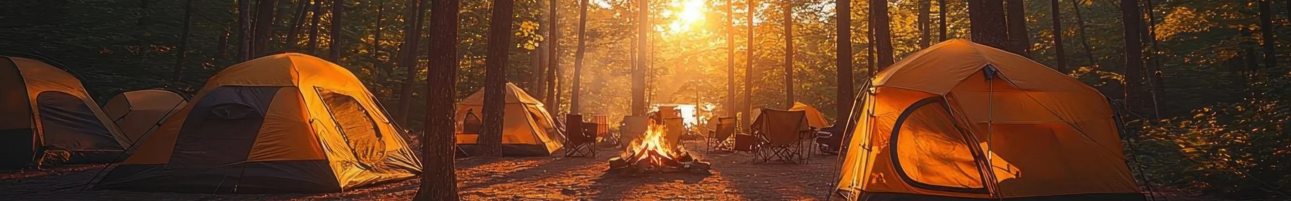 Tents glowing at dusk in a pine forest