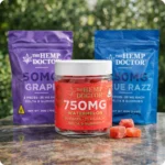 Gummy candy packaging and jars displayed.