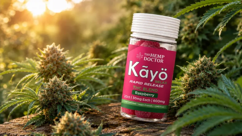 THCV rapid release gummies bottle on a bed of cannabis buds.