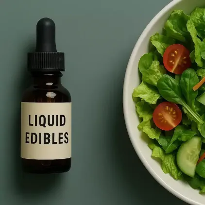 a bottle of liquid weed next to a bowl of salad