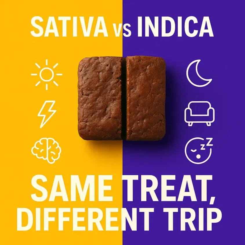 a brownie on a yellow and blue background comparing sativa. vs indica edibles