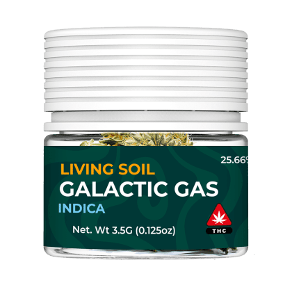 Living Soil 3.5g packaging, FRONT - Strain = Galactic Gas (indica)