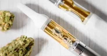 Gold hemp vape cartridges and cannabis flower on a marble surface
