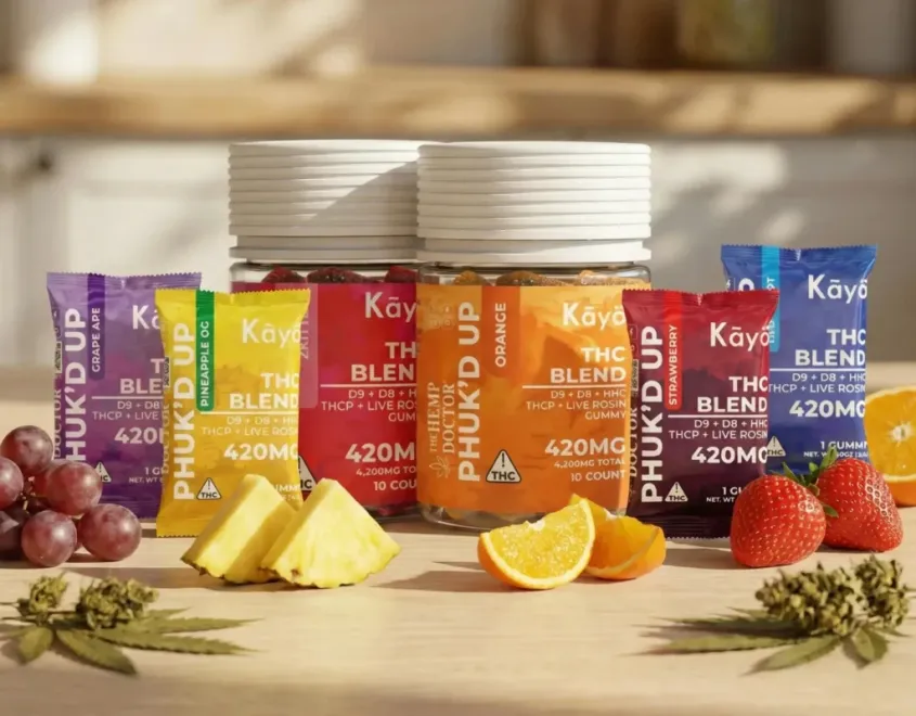 Varieties of the hemp doctor gummies displayed with fruits and cannabis on the table